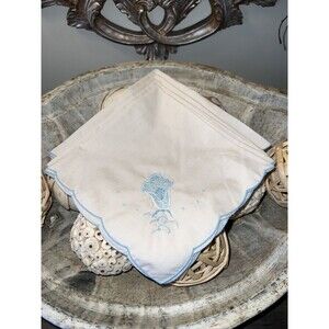 Napkins Set Of 4 Vintage Hand-Embroidery Scalloped BLUE Flower Cream Cotton 15”